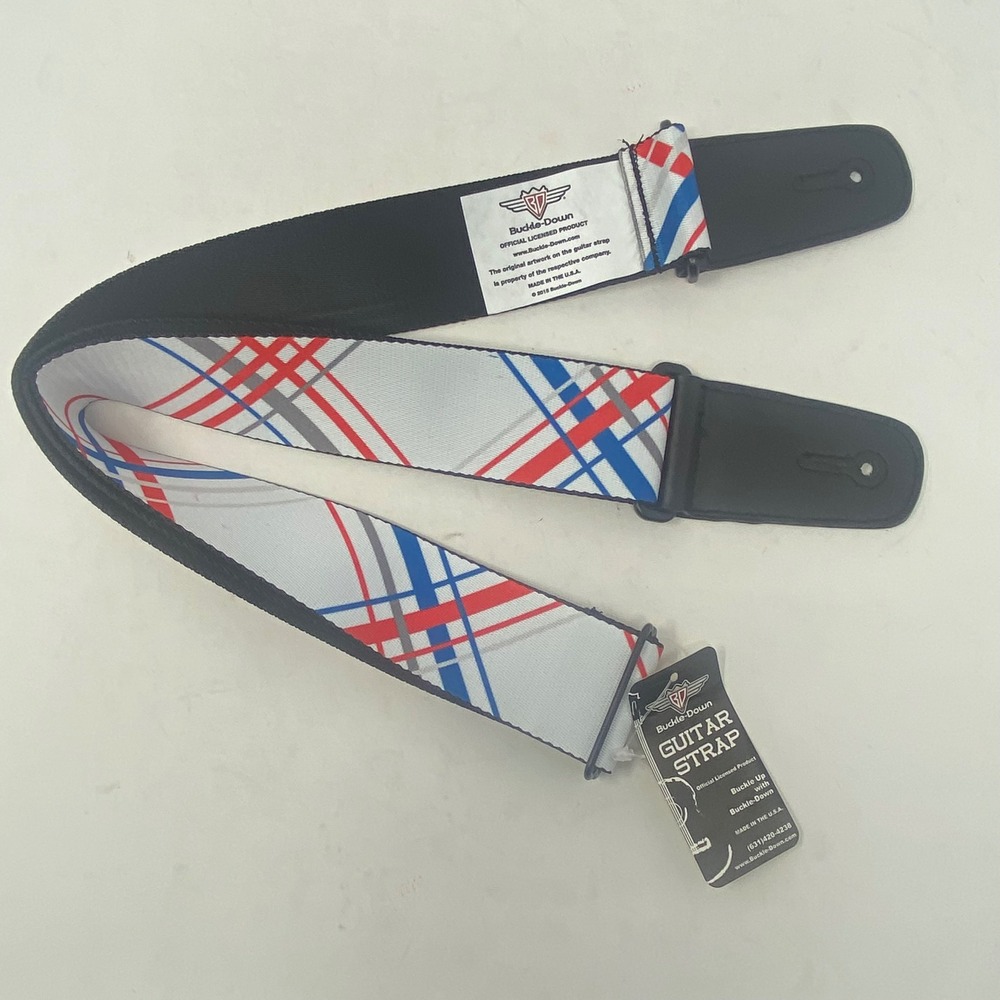 Buckle-Down Guitar Strap Red Blue Grey Plaid Graphic Adjustable Made in USA NEW